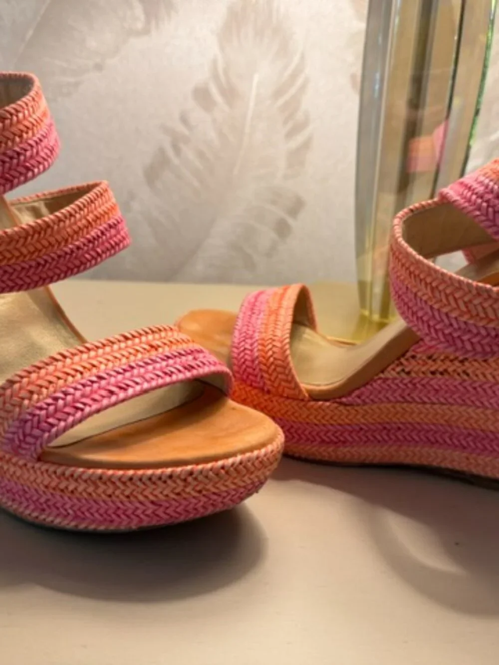 Stuart Weitzman Orange/Pink Wedge Sandals - Picture 2 of 7
